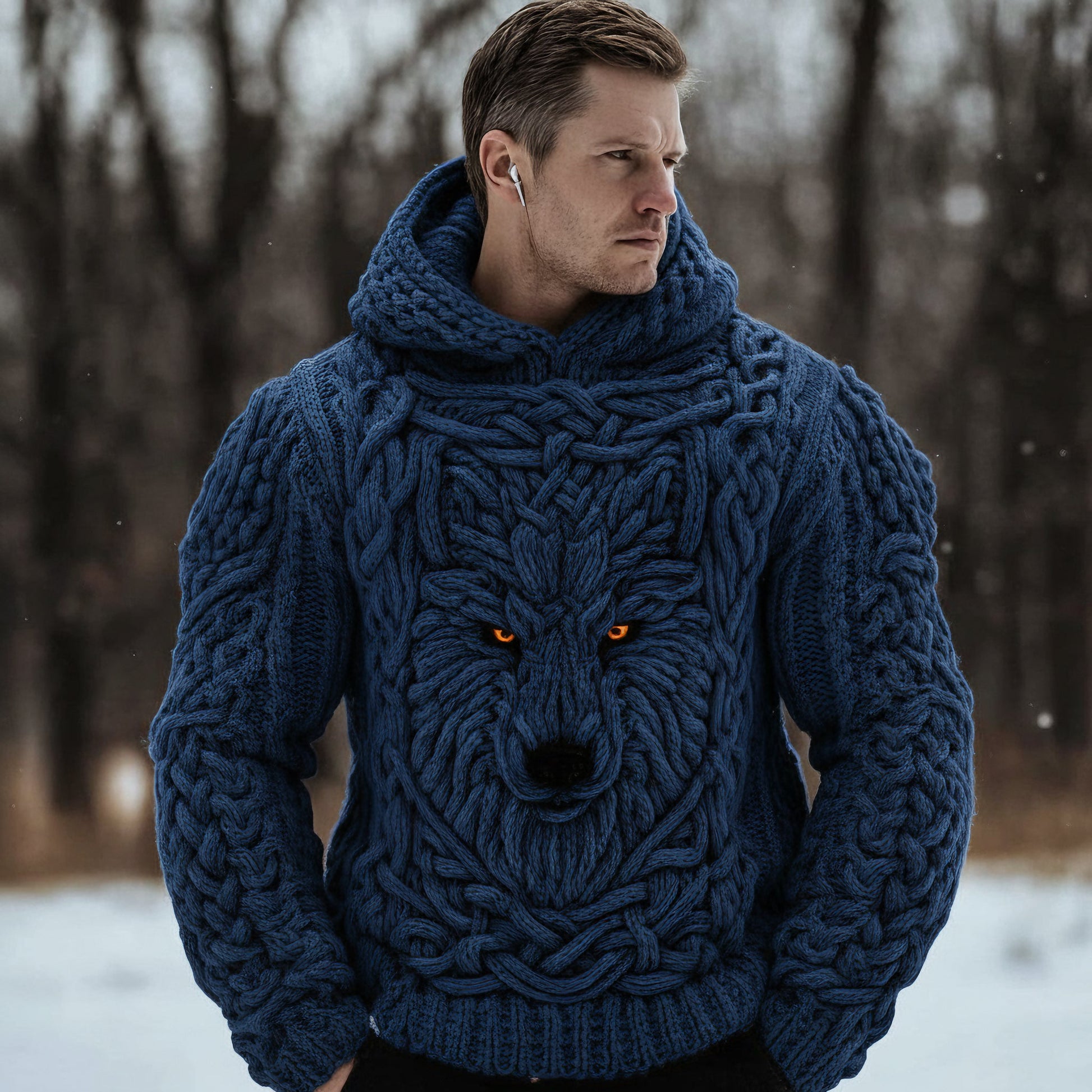 Men's Viking Celtic Wolf Knit Chunky Hooded Sweater artswardrobe