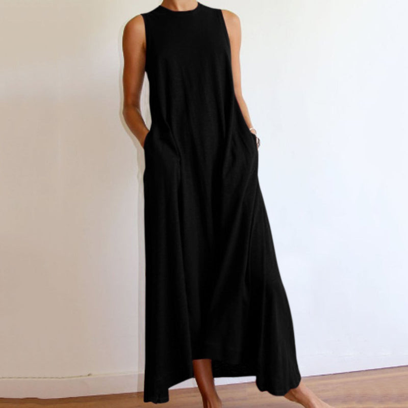 LM | Simple sleeveless long dress with round neckline