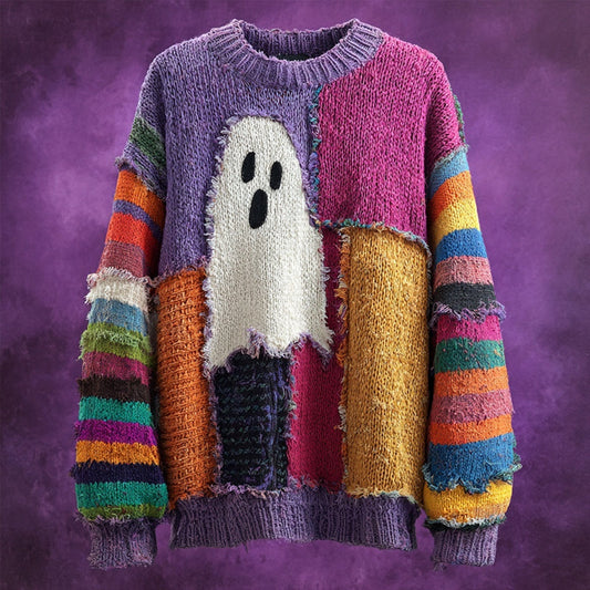 Halloween Spooky Ghost Inspired Patchwork Cozy Knitted Sweater artswardrobe