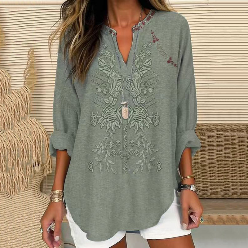 Vintage Embroidered Floral V-neck Linen Blend Blouse artswardrobe