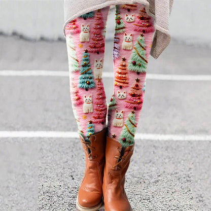 Christmas Tree Cat Print Casual Leggings elevenforest