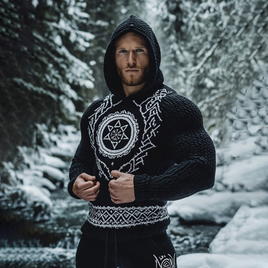 Men's Viking Tribal Jacquard Celtic Inspired Chunky Knit Hooded Sweater artswardrobe