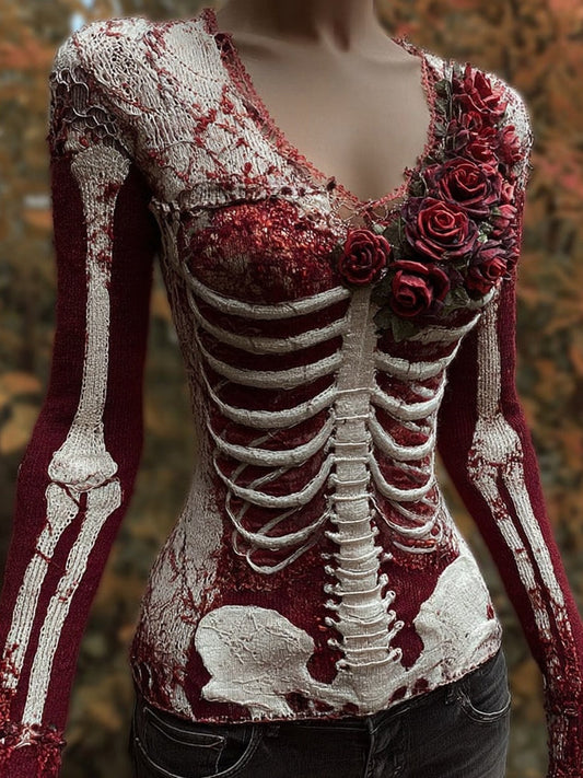 Classy Skeleton Bloody Roses V Neck Knit Sweater artswardrobe