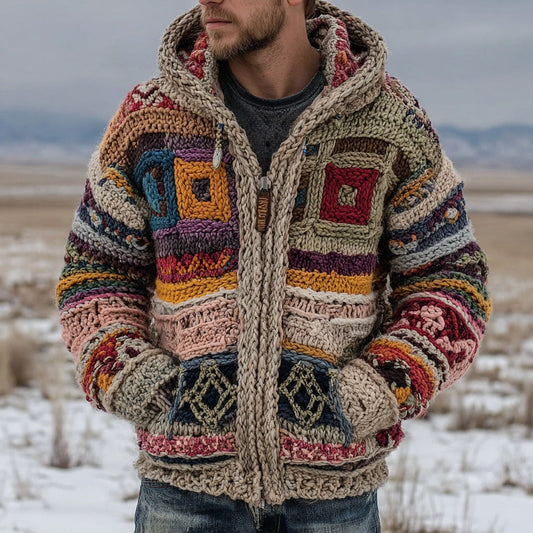 Men's Fair Isle Geometric Crochet Jacquard Warm Zip-up Hooded Sweater artswardrobe