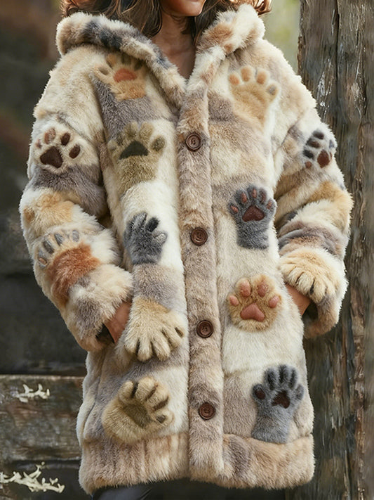 Comstylish Cute Cat Paw Tie-dye Plush Long Hooded Cardigan