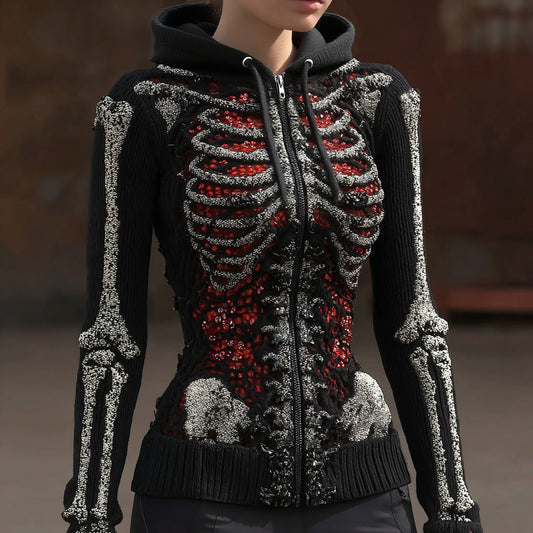 Women's Vintage Halloween Skull Sequin Art Knit Zipper Sweater artswardrobe