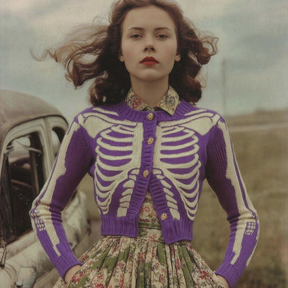 Women's Vintage Skull Ribs Pattern Cozy Knit Sweater Cardigan artswardrobe