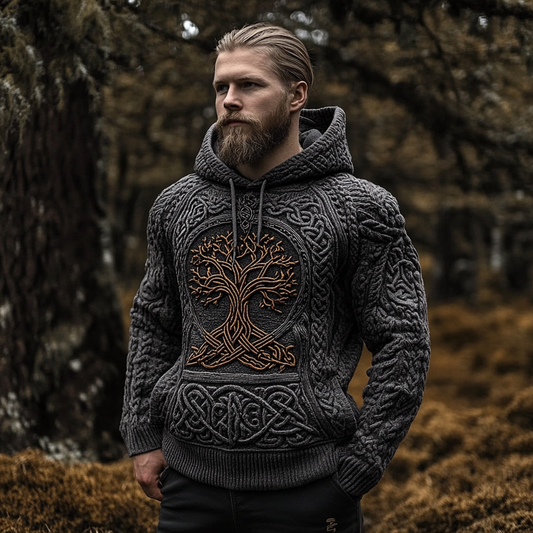 Men's Viking Tree Of Life Jacquard Celtic Knit Hooded Sweater artswardrobe