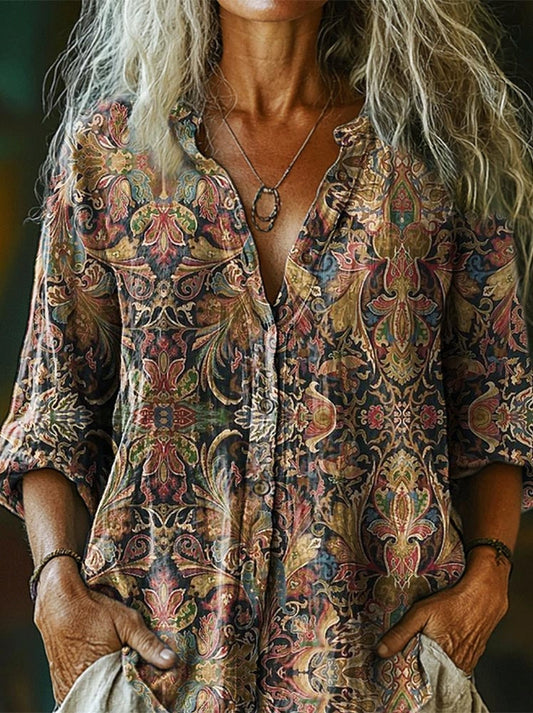 Women's Flowers Art Print Casual Cotton And Linen Shirt
