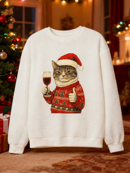 Japanese Art Christmas Black Cat Print Waffle Sweatshirt elevenforest