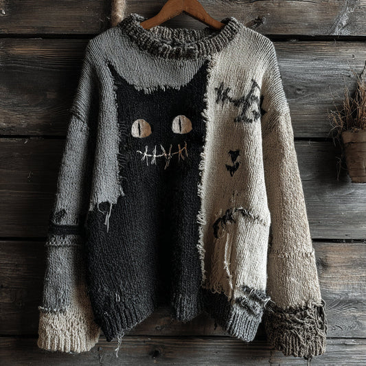 Halloween Black Cat Spooky Face Contrast Stitched Cozy Knit Sweater artswardrobe