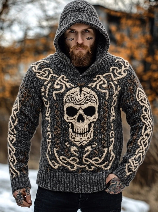 Men's Viking Inspired Skull Celtic Jacquard Cozy Hooded Sweater artswardrobe