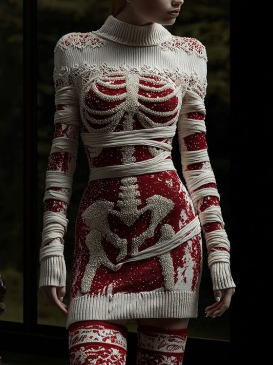 Women's Halloween Line Art Bandage Design Round Neck Knit Sweater Dress artswardrobe
