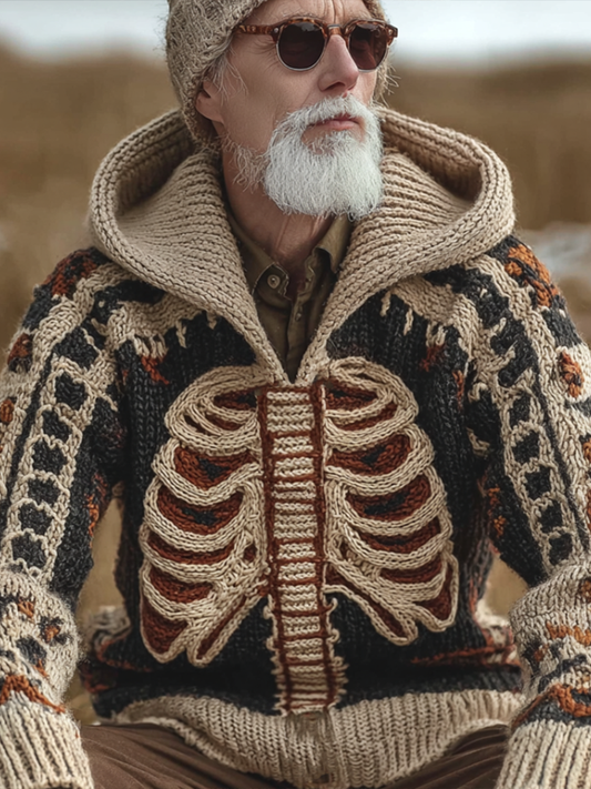 Halloween Skeleton Pattern Men's Knit Hooded Sweater artswardrobe