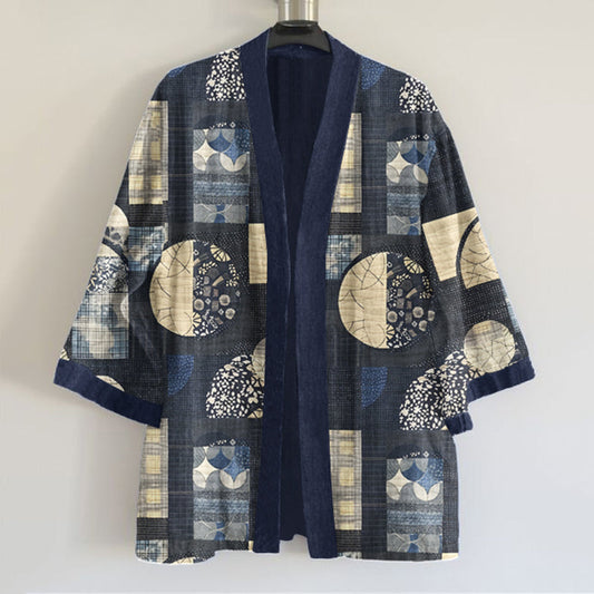 Comstylish Japanese Traditional Sashiko Art Pattern Art Print Linen Blend Kimono Cardigan