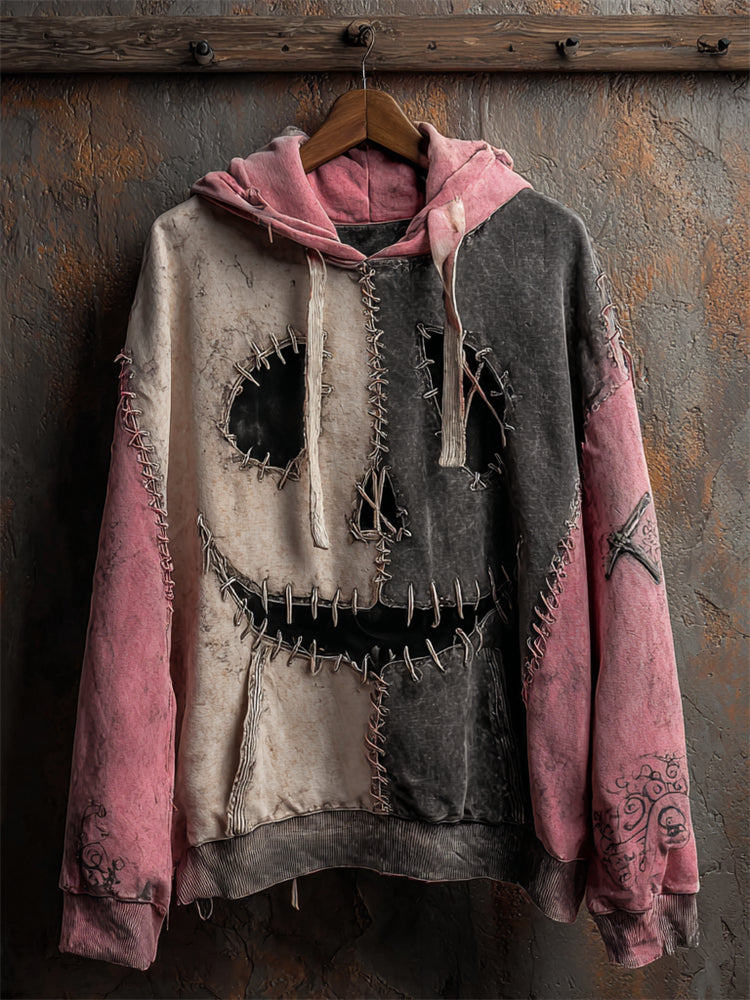 Comstylish Halloween Pumpkin Face Contrast Stitched Washed Hoodie