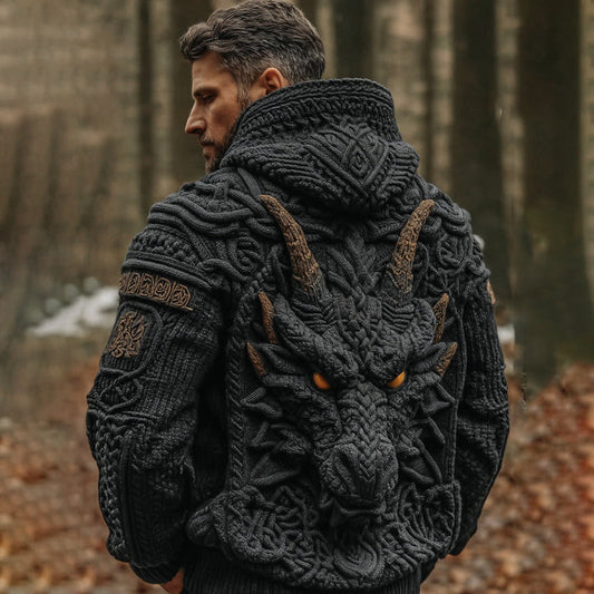 Men's Viking Dragon Art Celtic Knit Cozy Hooded Sweater artswardrobe