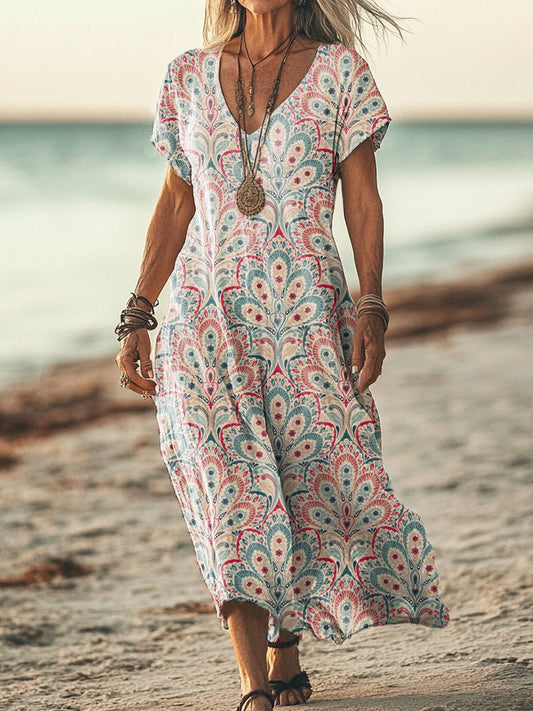 Women's Vintage Floral Art Print Pocket Cotton Dress