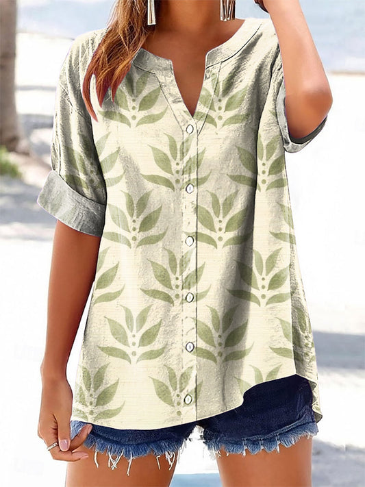 Women's Floral Pattern Art Print Cotton Linen Casual Shirt