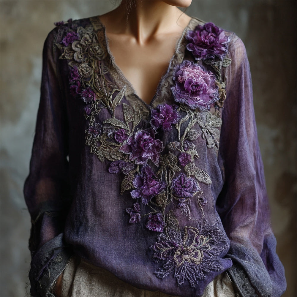 Vintage Gauze Floral Embroidery Women's V-neck Linen Long Sleeve Shirt artswardrobe
