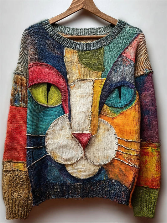 Cat Face Inspired Colorblock Art Cozy Knit Sweater artswardrobe