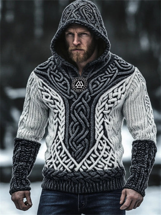 Men's Viking Embroidered Celtic Contrast Chunky Hooded Sweater artswardrobe