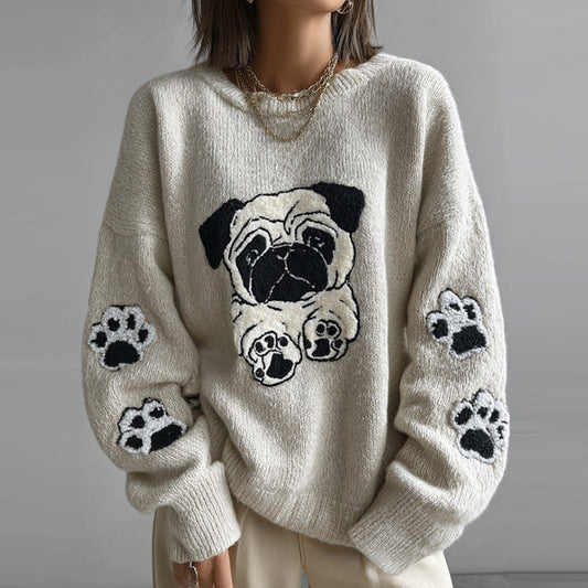 Lovely Cute Pug And Paws Embroidery Art Loose Cozy Knit Sweater artswardrobe