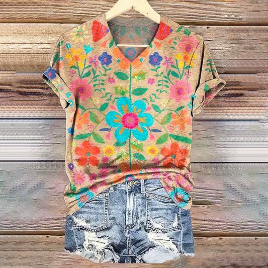 Women's Bohemian Floral Art Print V-neck Casual T-Shirt
