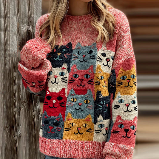 Women's Colorful Cats Pattern Art Cozy  Knit Sweater artswardrobe