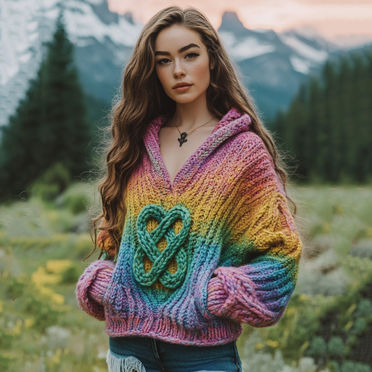 Women's Irish Rainbow Pattern Jacquard Pocket Cozy Hooded Sweater artswardrobe