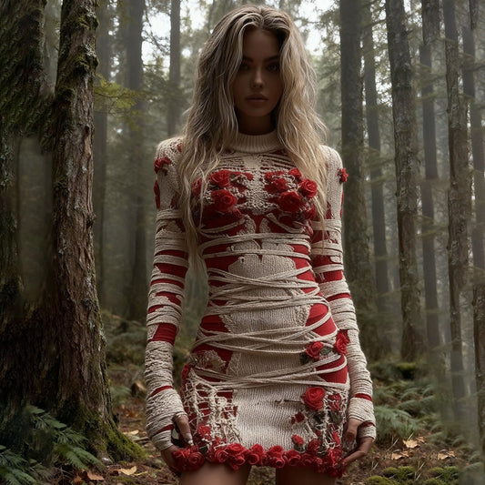 Women's Vintage Halloween Skeleton Red Rose Art Cozy Knit Mini Sweater Dress artswardrobe