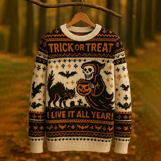 Women's Retro Cat Death Bat Fair Isle Style Halloween Print Sweater artswardrobe