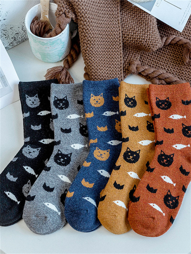 Lovely Cats & Fishes Pattern Knit Comfy Socks Set elevenforest