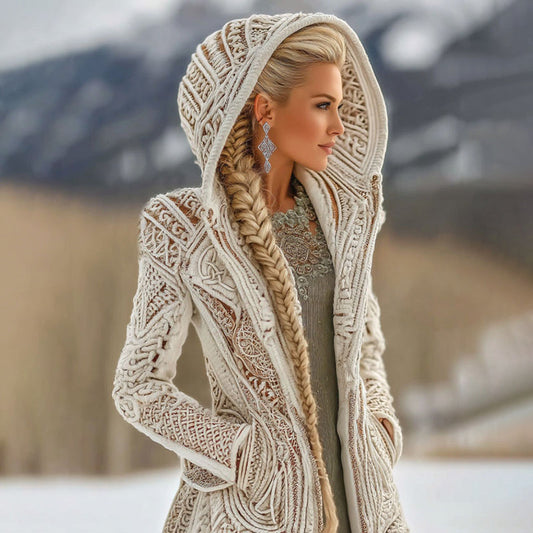 Women's Vintage Viking Celtic Knit Cozy Zipper Pocket Sweater Jacket artswardrobe