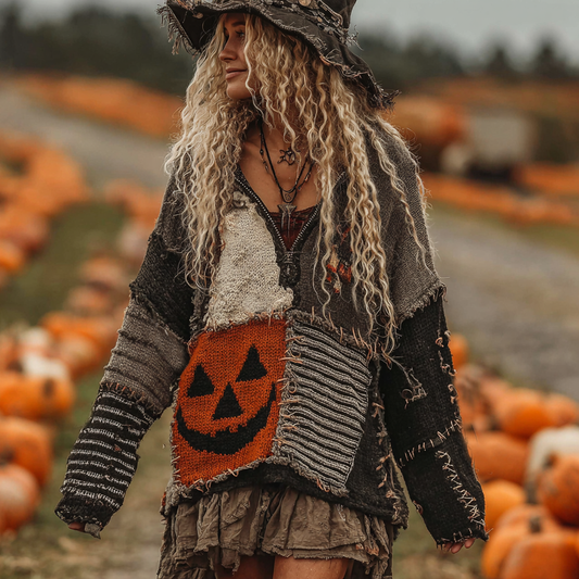Halloween Face With Striped Art Cozy Knit Zipped Sweater artswardrobe