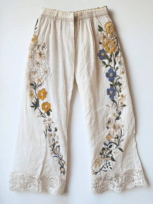 Floral Embroidery Lace Trimmed Women's Linen Pants artswardrobe