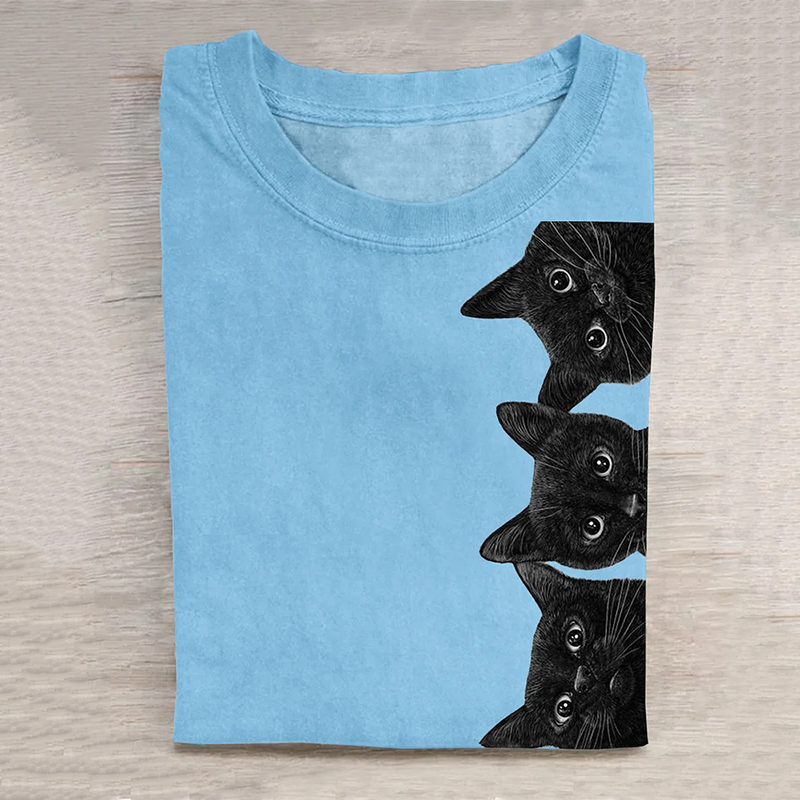 Unisex Black Cat Art Print Casual Tee elevenforest