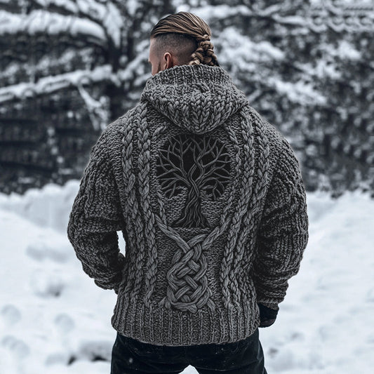 Men's Viking Tribal Tree Of Life Celtic Chunky Knit Hooded Sweater artswardrobe