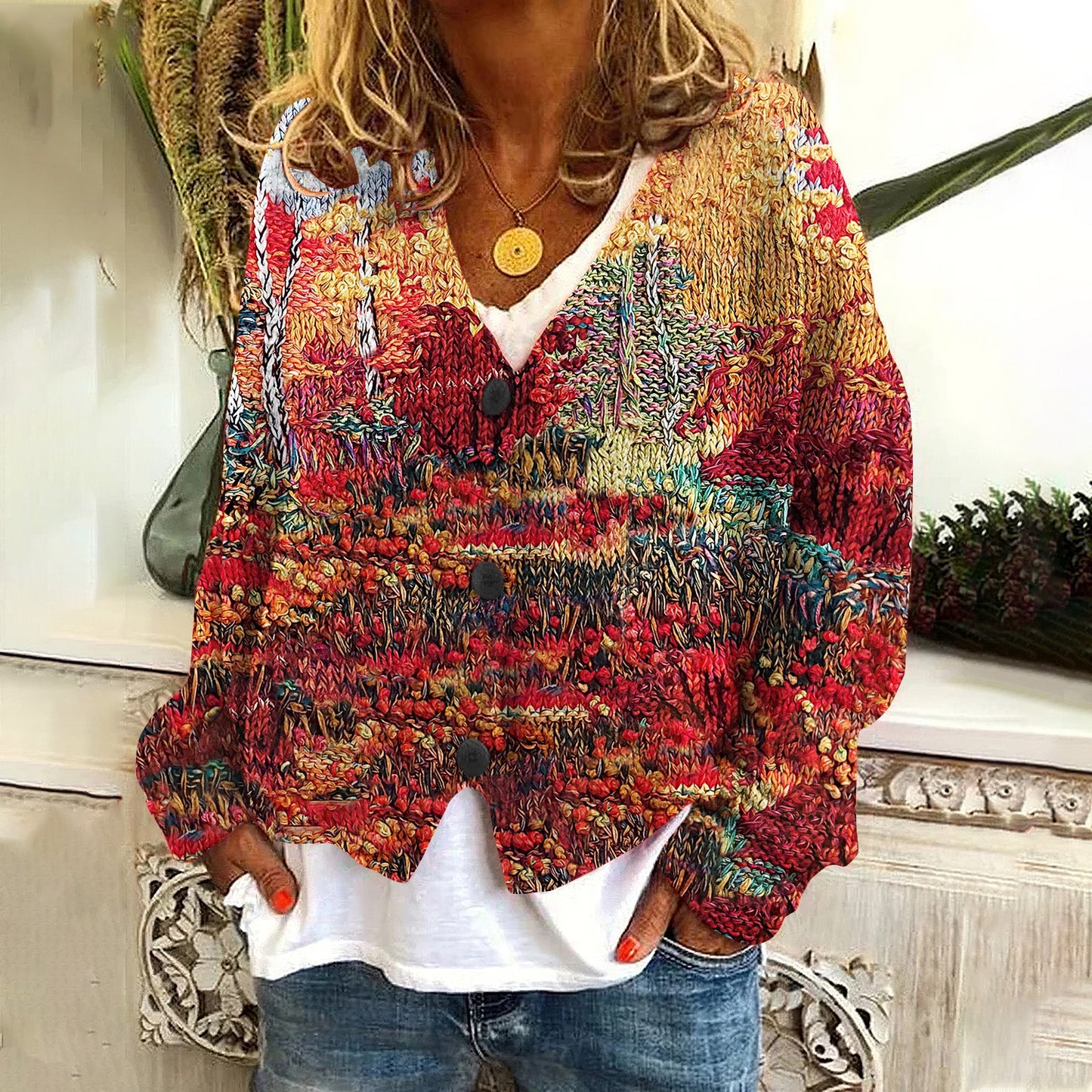 Autumn Print V-Neck Knitted Cozy Cardigan artswardrobe
