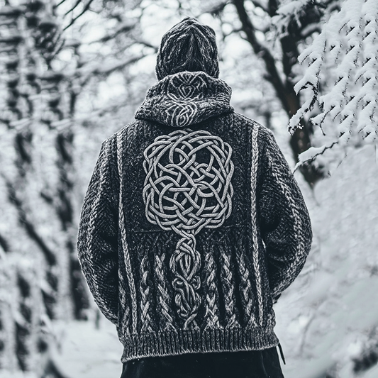 Men's Vintage Viking Tribal Tree Of Life Jacquard Knit Hooded Cardigan artswardrobe