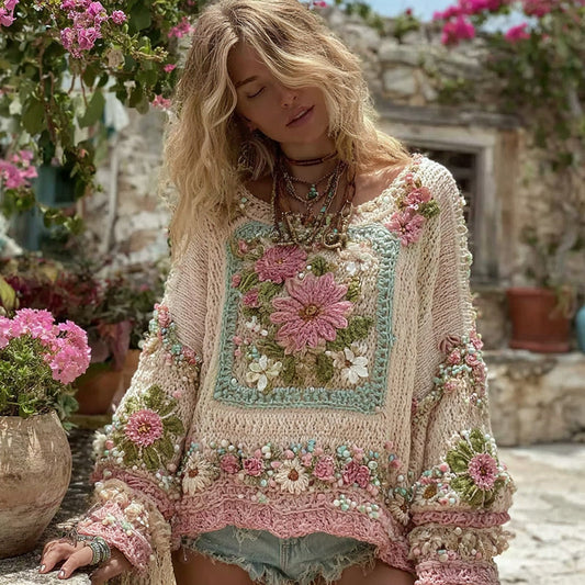 Women's Boho Classic Grandma Check Crochet Floral Sweater artswardrobe