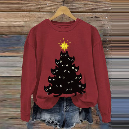 Christmas Tree Cat Print Crew Neck Sweatshirt elevenforest