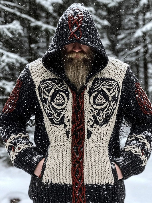 Men's Viking Valknut Celtic Jacquard Chunky Hooded Sweater artswardrobe