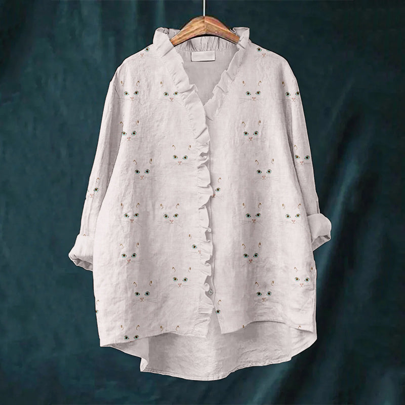 Cute Cat Face Pattern Cozy Linen Ruffle Shirt elevenforest