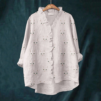 Cute Cat Face Pattern Cozy Linen Ruffle Shirt elevenforest