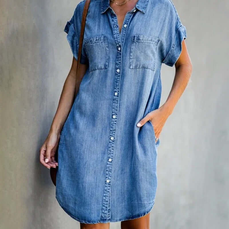 LM | Denim mini dress with button placket