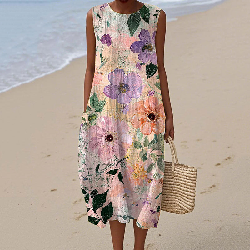 Women's Vintage Watercolor Floral Art Print Sleeveless Cotton Dress artswardrobe