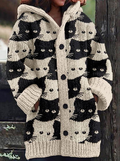 Comstylish Lovely Cats Knit Art Cozy Hooded Cardigan