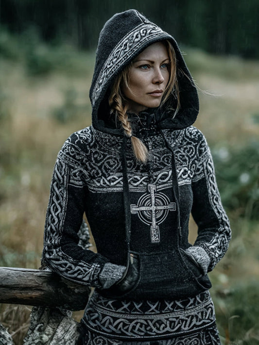 Women's Viking Style Compass Embroidered Hooded Sweater artswardrobe
