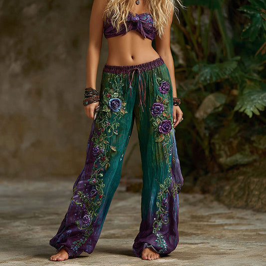 Women's Vintage Rose Floral Pattern Casual Wide Leg Pants artswardrobe